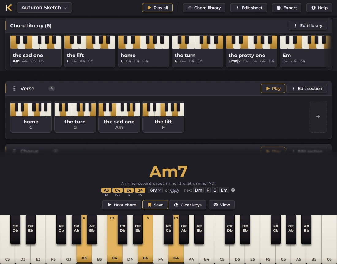 Am7 named in large type, with “A minor seventh: root, minor 3rd, 5th, minor 7th” under it, above a keyboard where A3, C4, E4 and G4 are lit and labelled R, b3, 5 and b7.