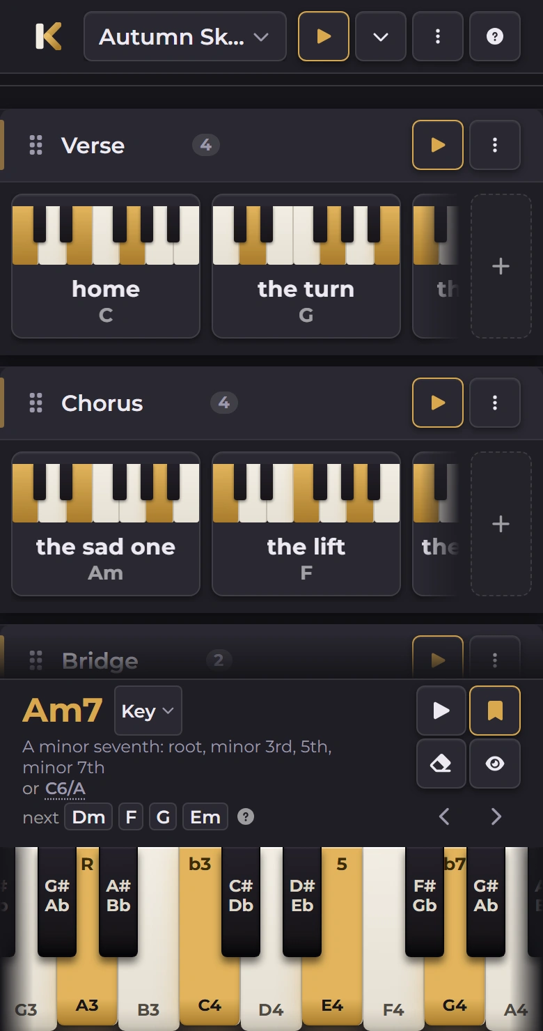 Keyriff on a phone with Am7 held and the chord library closed. Am7 is named above the keyboard with “A minor seventh: root, minor 3rd, 5th, minor 7th”, and the held keys, A3, C4, E4 and G4, are lit and labelled R, b3, 5 and b7. Above that, the Autumn Sketch sheet shows Verse and Chorus sections of chord cards nicknamed “home”, “the turn”, “the sad one” and “the lift”.