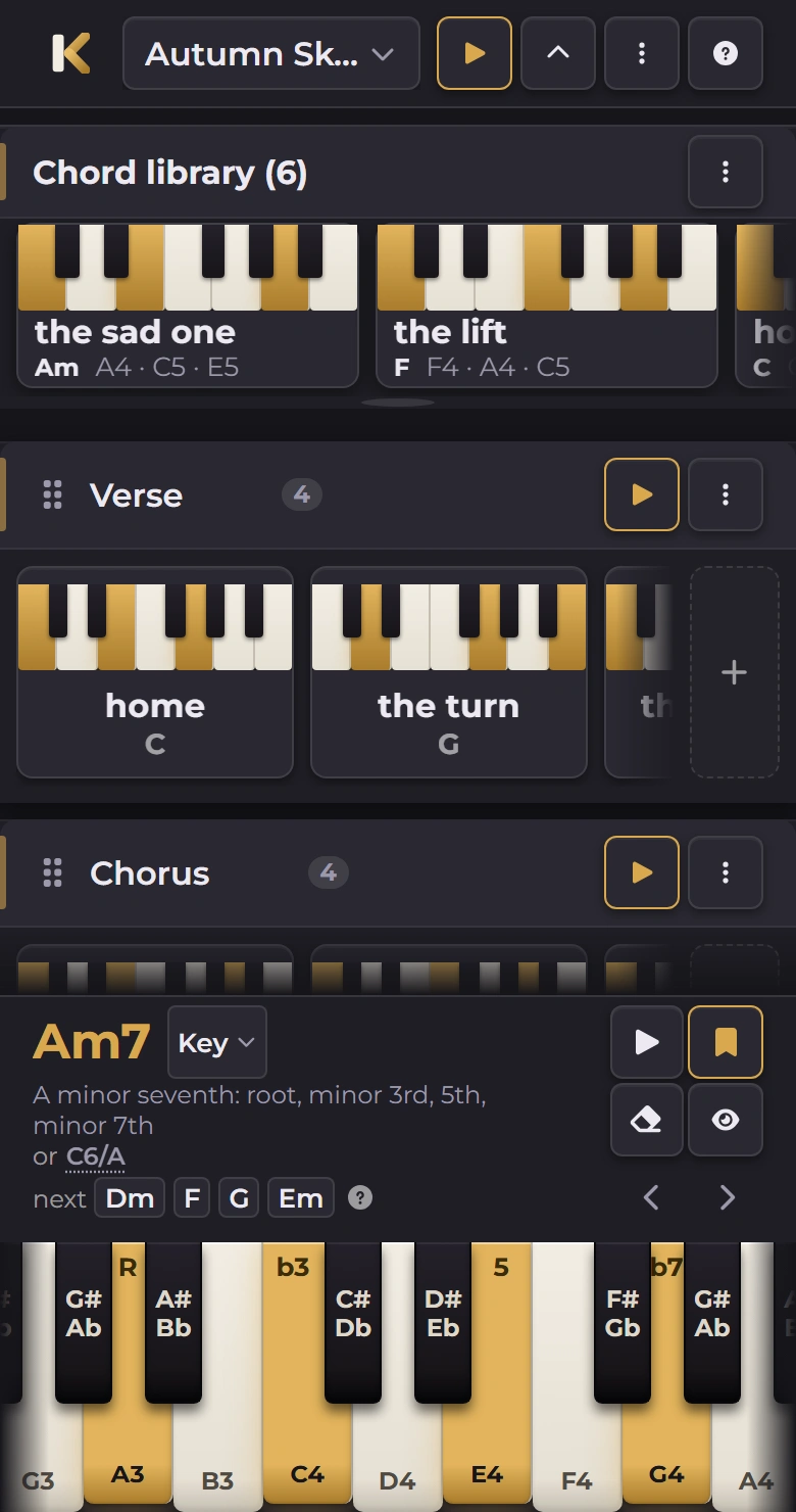 The same phone with the chord library open at the top, above the sheet and clear of the keyboard, showing the saved chords “the sad one” and “the lift”. Am7 is still held and named below, with Dm, F, G and Em suggested as what comes next.